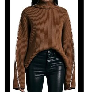 Rag & Bone Ingrid sweater Turtleneck Whipstitch Brown Tan Wool Small